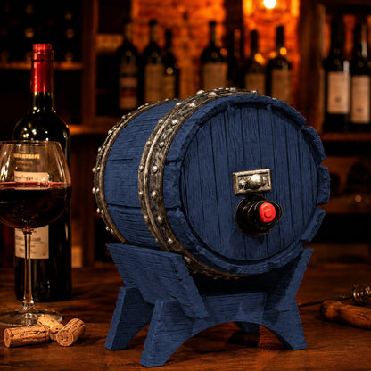 Dispenser de bebidas com visual de barril de carvalho e torneira, na cor azul-escura