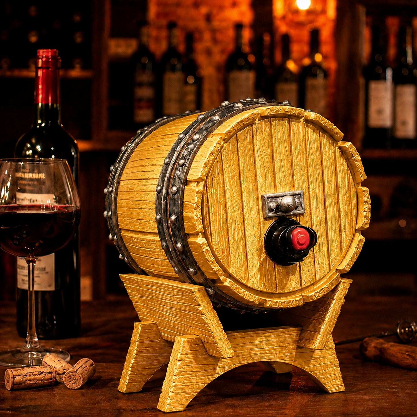 Dispenser de bebidas com visual de barril de carvalho e torneira, na cor dourada