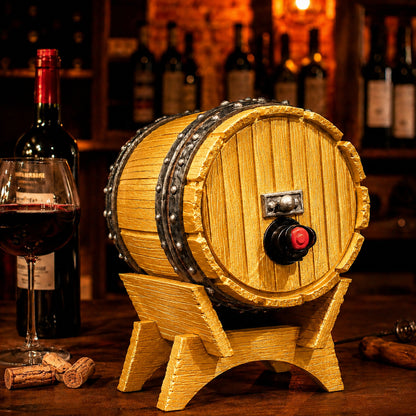 Dispenser de bebidas com visual de barril de carvalho e torneira, na cor dourada
