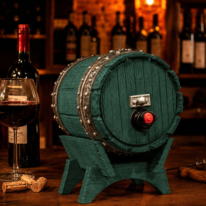 Dispenser de bebidas com visual de barril de carvalho e torneira, na cor verde escura