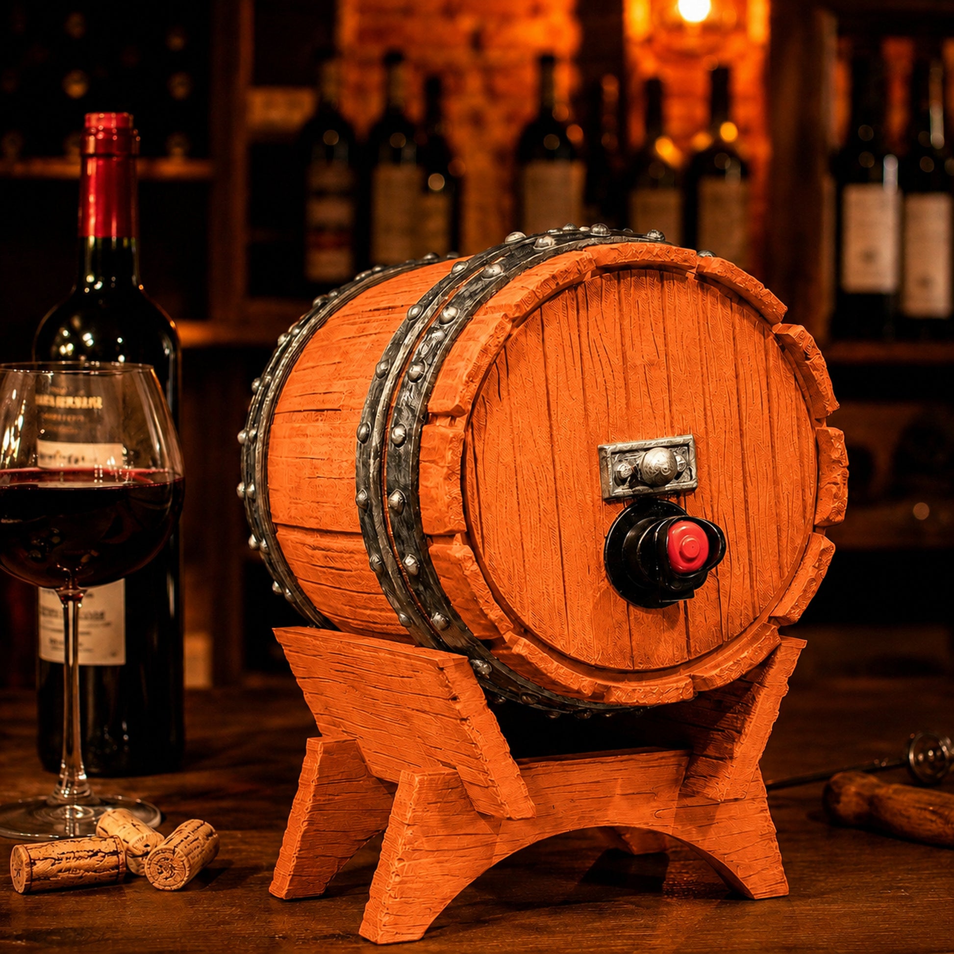 Dispenser de bebidas com visual de barril de carvalho e torneira, na cor laranja