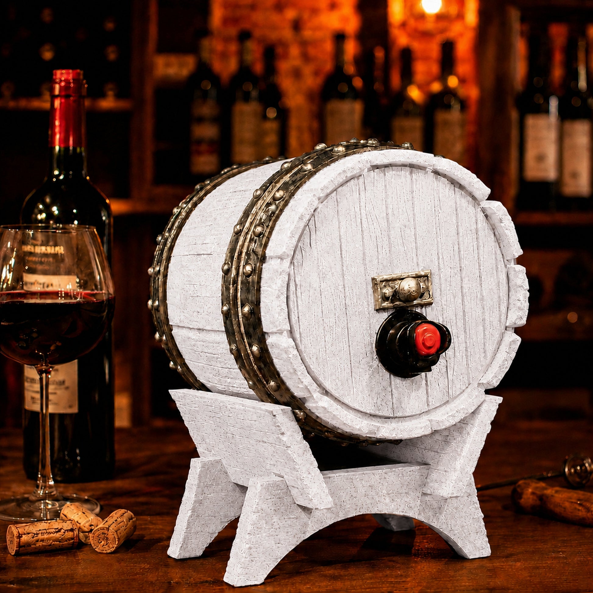 Dispenser de bebidas com visual de barril de carvalho e torneira, na cor mármore