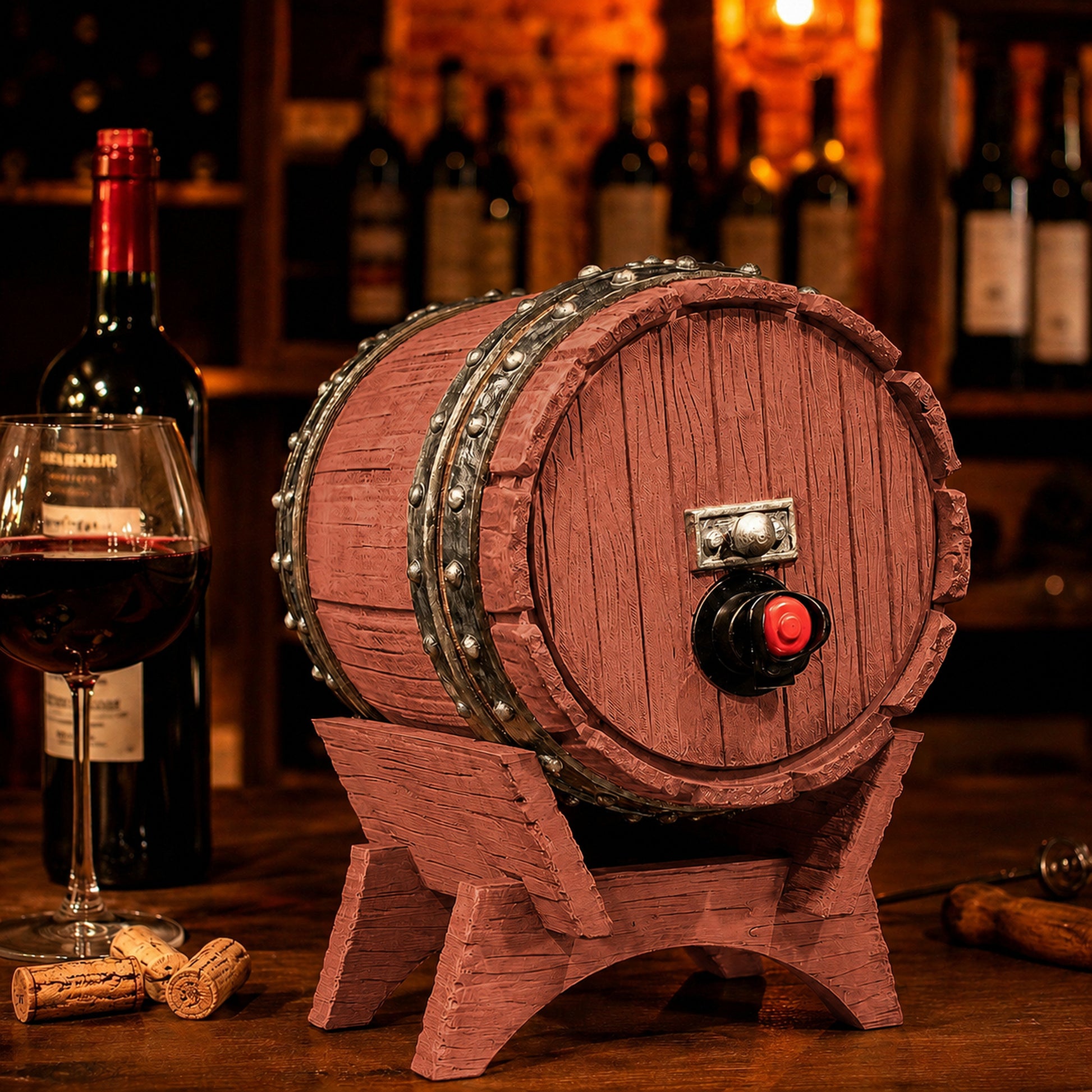 Dispenser de bebidas com visual de barril de carvalho e torneira, na cor marrom terracota