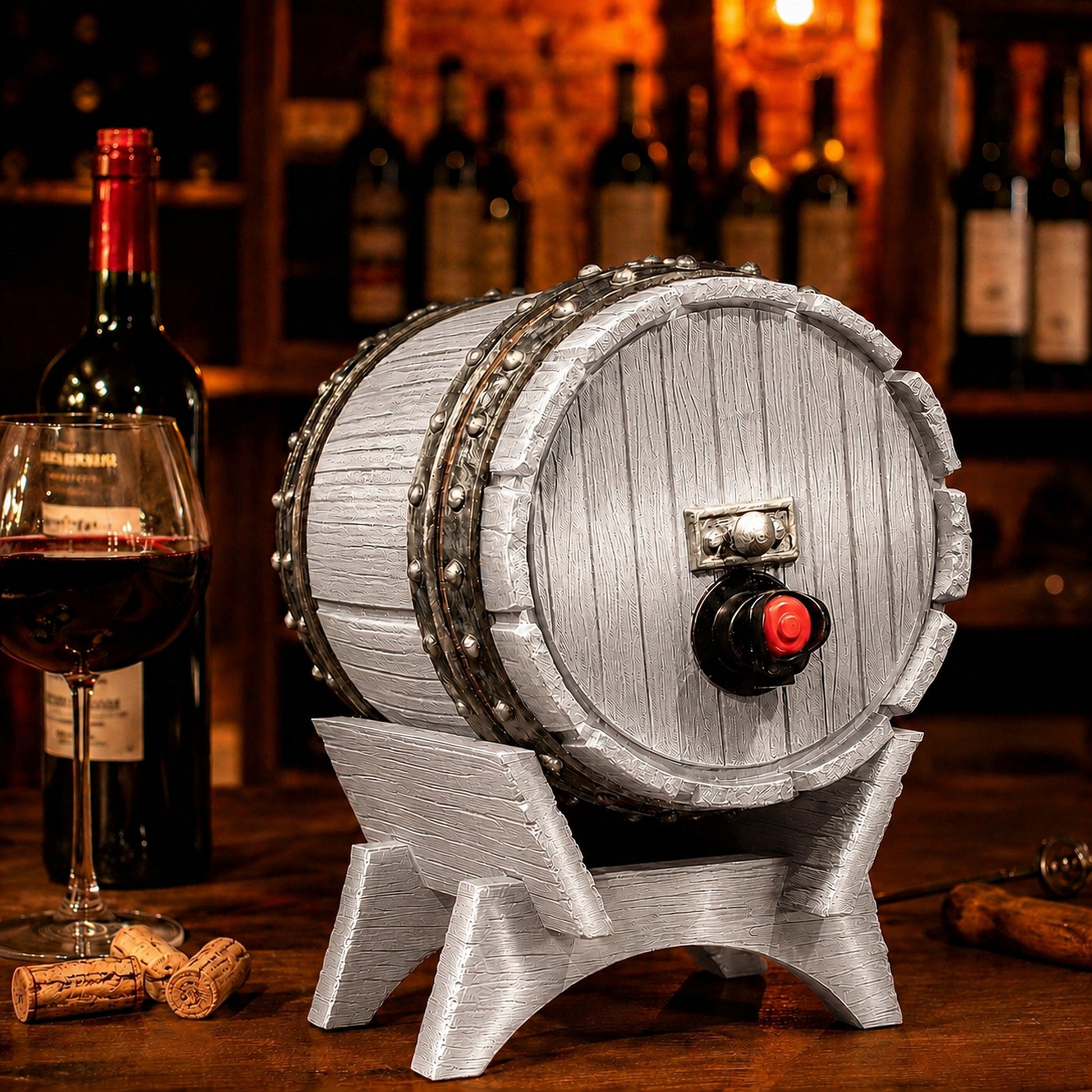 Dispenser de bebidas com visual de barril de carvalho e torneira, na cor prata