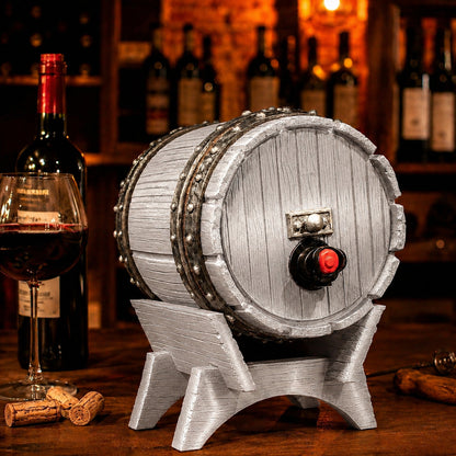Dispenser de bebidas com visual de barril de carvalho e torneira, na cor prata
