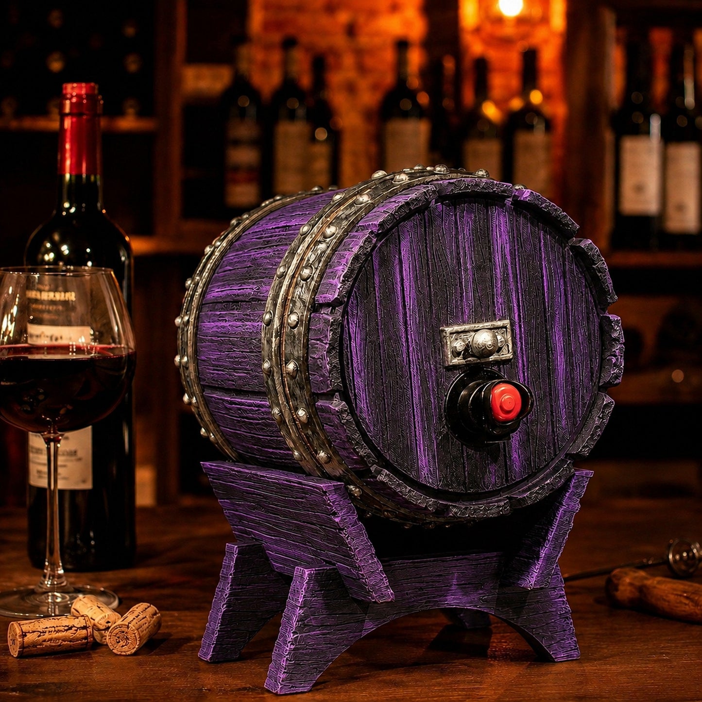 Dispenser de bebidas com visual de barril de carvalho e torneira, na cor preta e roxa