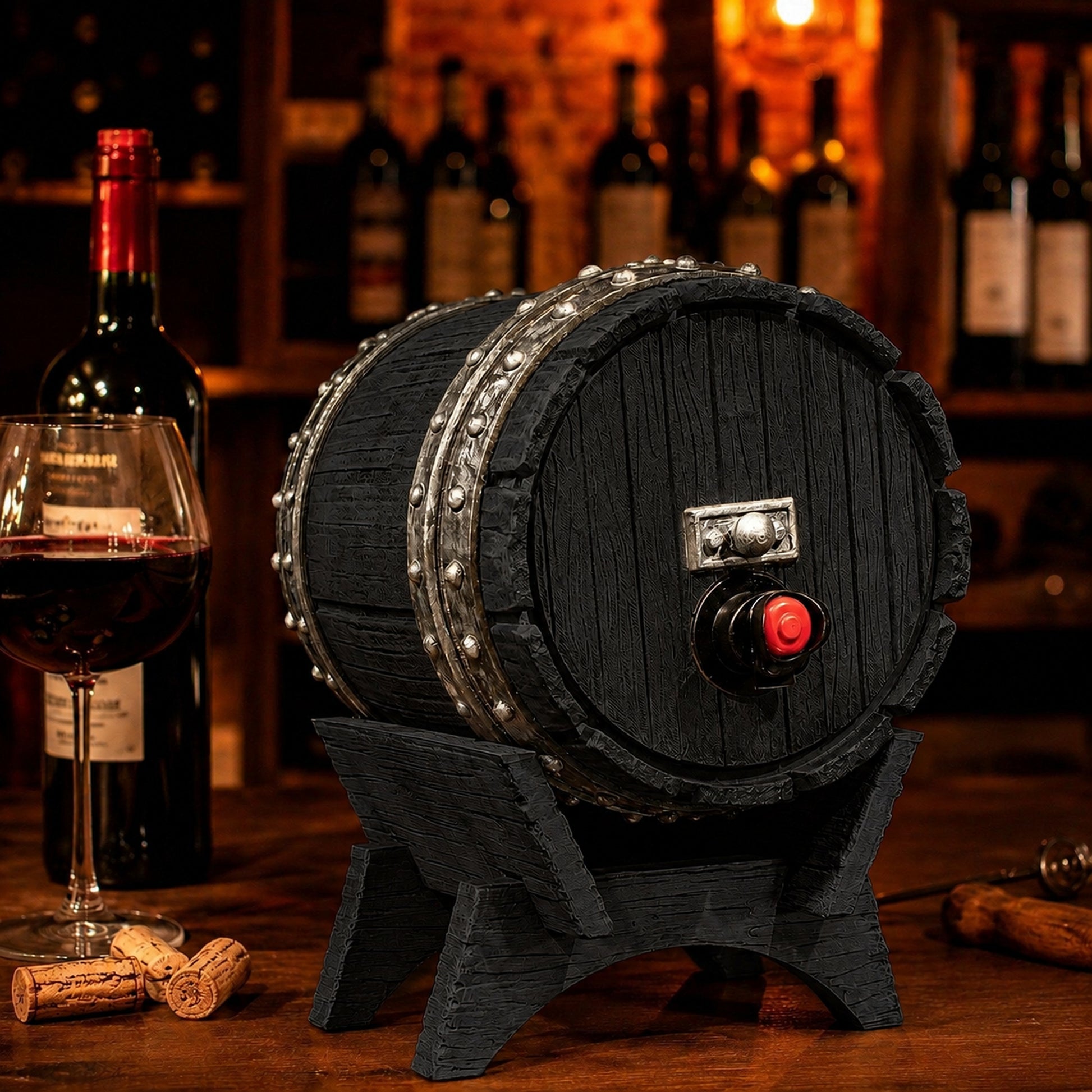 Dispenser de bebidas com visual de barril de carvalho e torneira, na cor preta