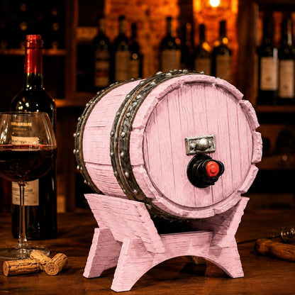 Dispenser de bebidas com visual de barril de carvalho e torneira, na cor rosa
