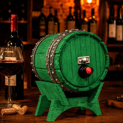 Dispenser de bebidas com visual de barril de carvalho e torneira, na cor verde