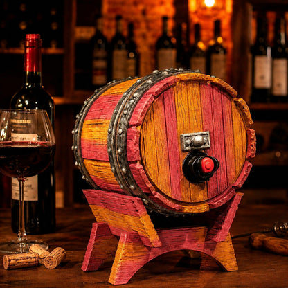 Dispenser de bebidas com visual de barril de carvalho e torneira, na cor vermelha e dourada