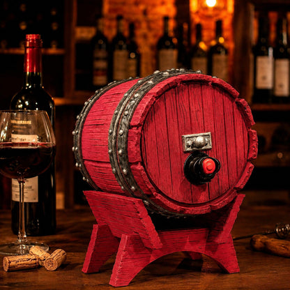 Dispenser de bebidas com visual de barril de carvalho e torneira, na cor vermelha