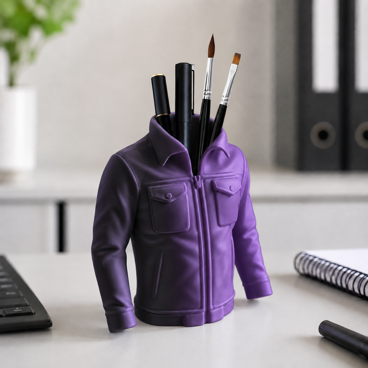 Blazer — Preto e Roxo — Organizador de mesa jaqueta com canetas e pincéis