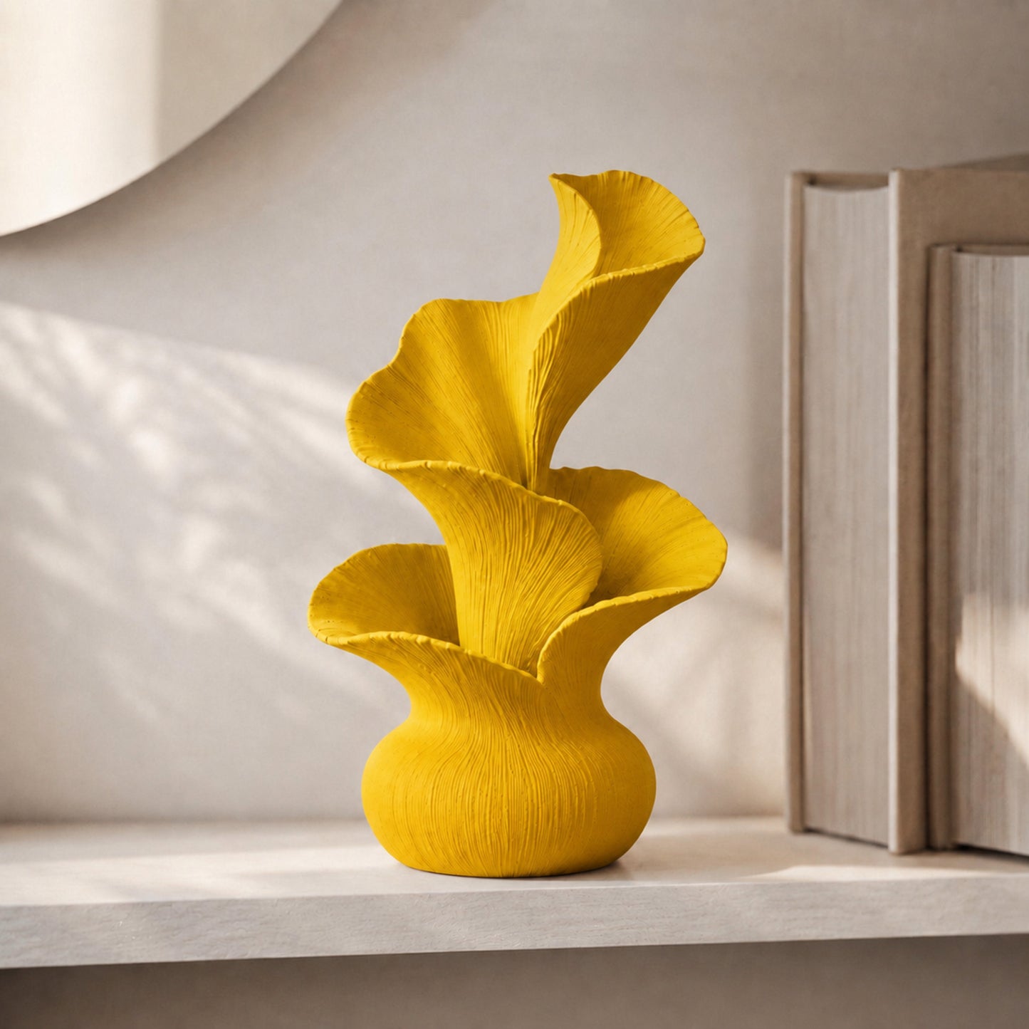 Escultura decorativa de pétalas curvas em movimento, na cor amarela