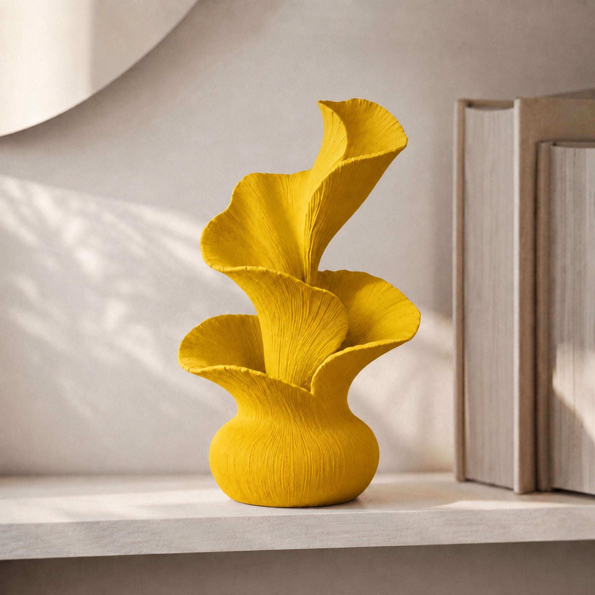 Escultura decorativa de pétalas curvas em movimento, na cor amarela