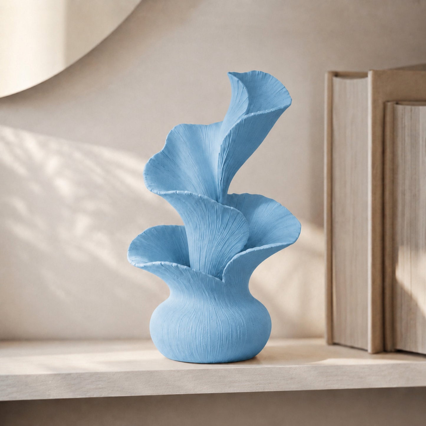 Escultura decorativa de pétalas curvas em movimento, na cor azul-celeste