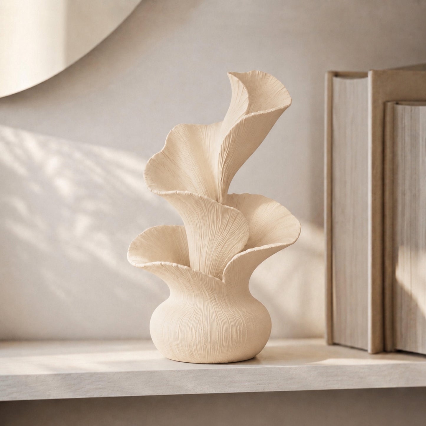 Escultura decorativa de pétalas curvas em movimento, na cor bege