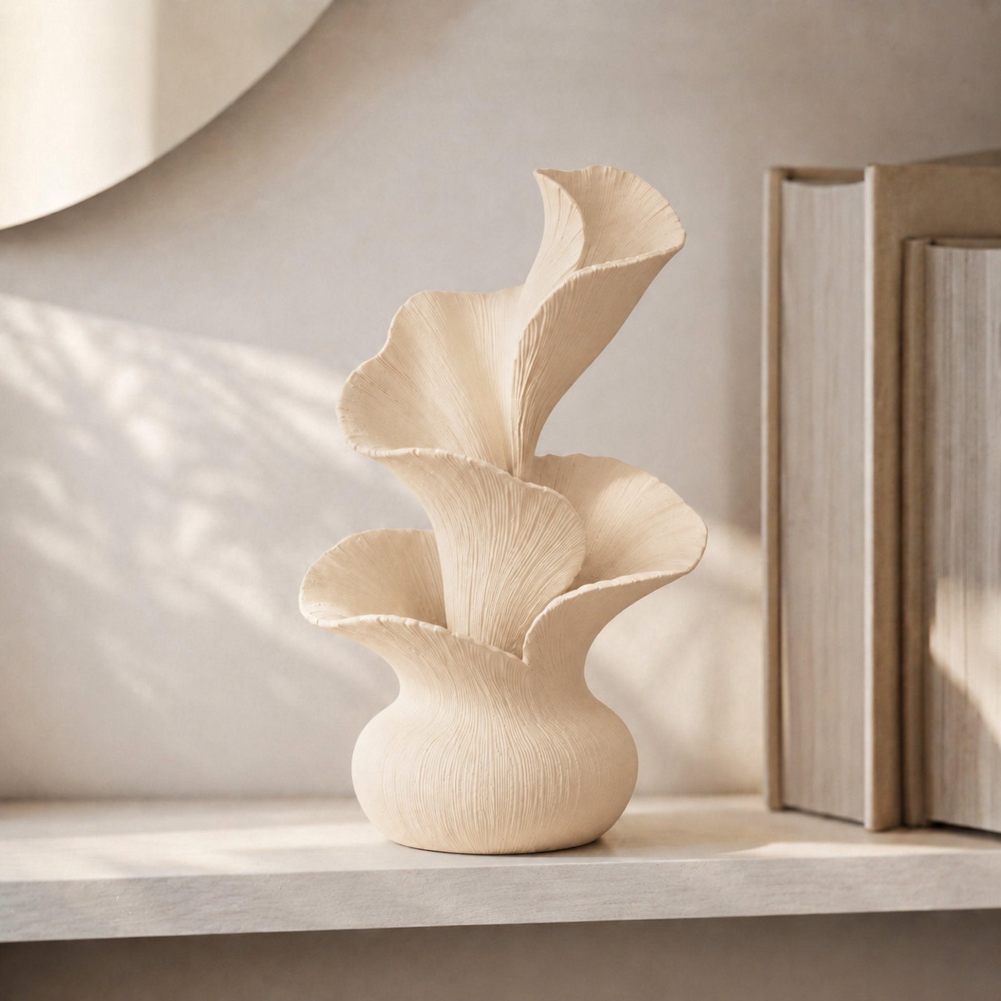 Escultura decorativa de pétalas curvas em movimento, na cor bege