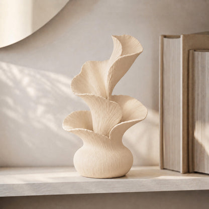 Escultura decorativa de pétalas curvas em movimento, na cor bege