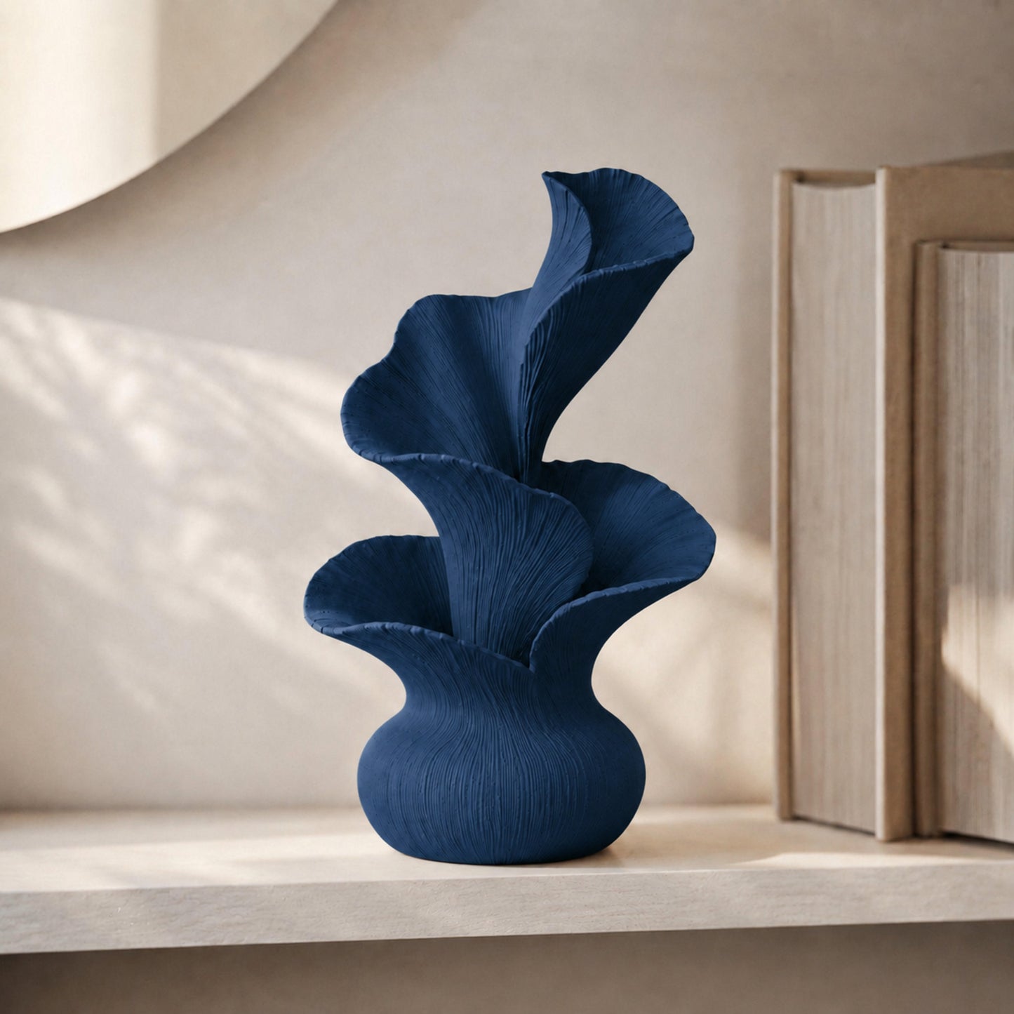 Escultura decorativa de pétalas curvas em movimento, na cor azul-escura