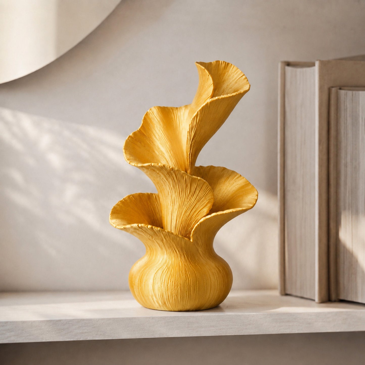 Escultura decorativa de pétalas curvas em movimento, na cor dourada