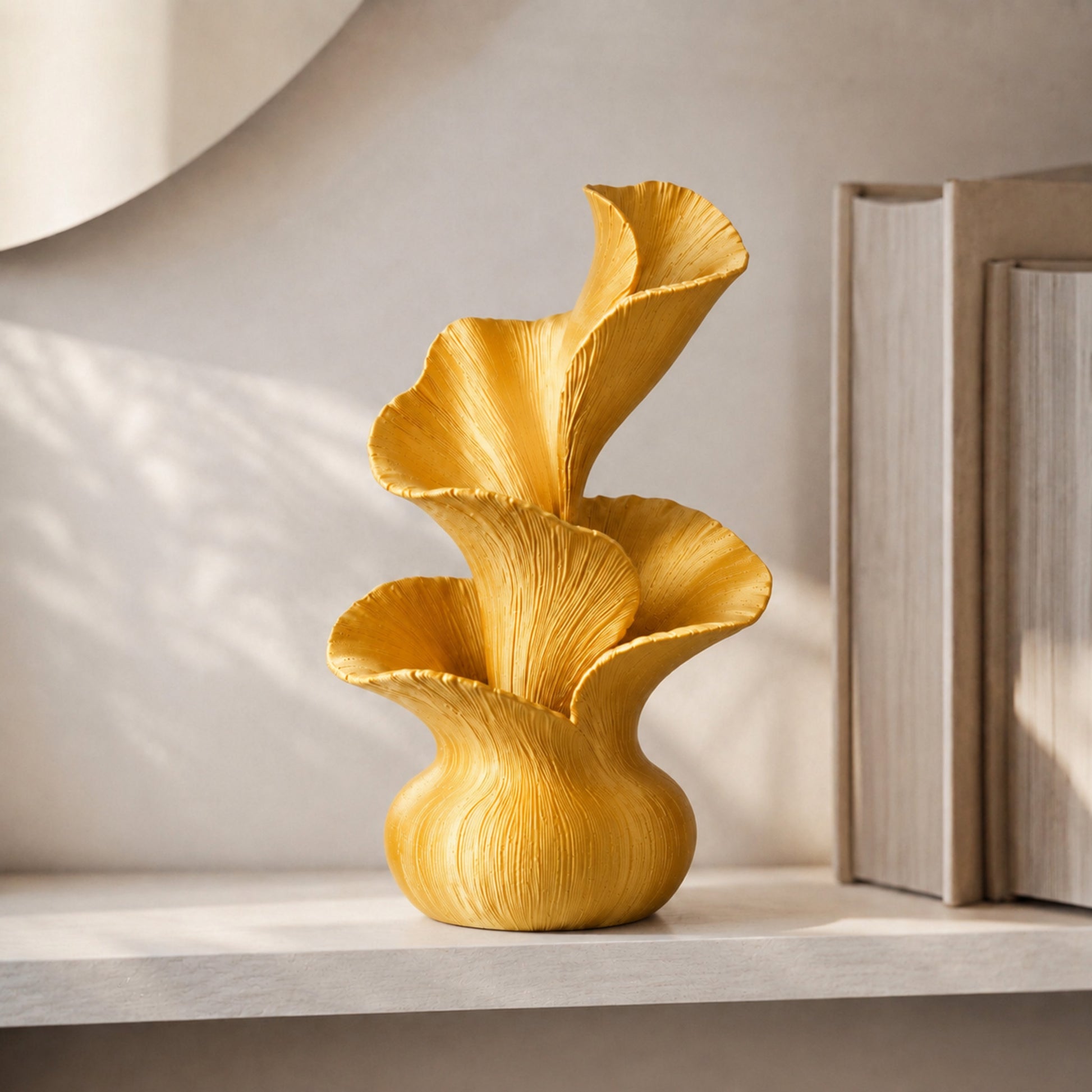 Escultura decorativa de pétalas curvas em movimento, na cor dourada