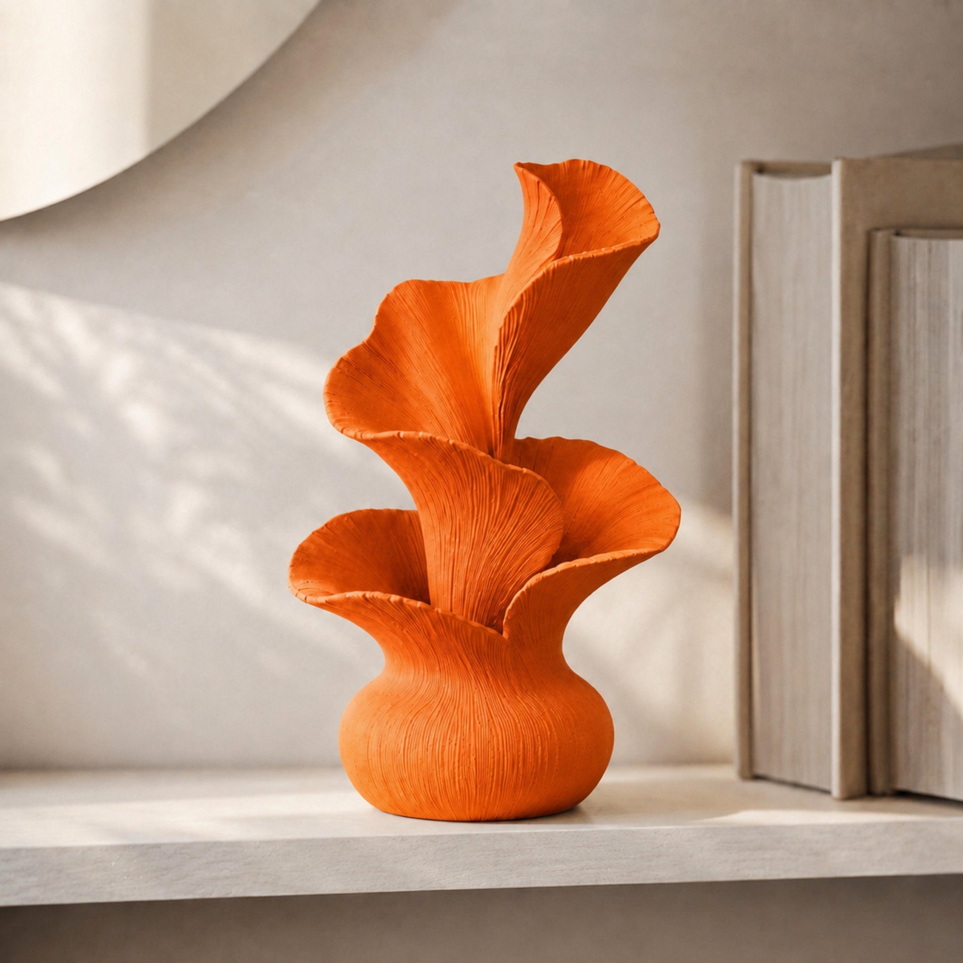 Escultura decorativa de pétalas curvas em movimento, na cor laranja