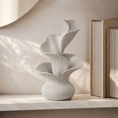 Escultura decorativa de pétalas curvas em movimento, na cor mármore