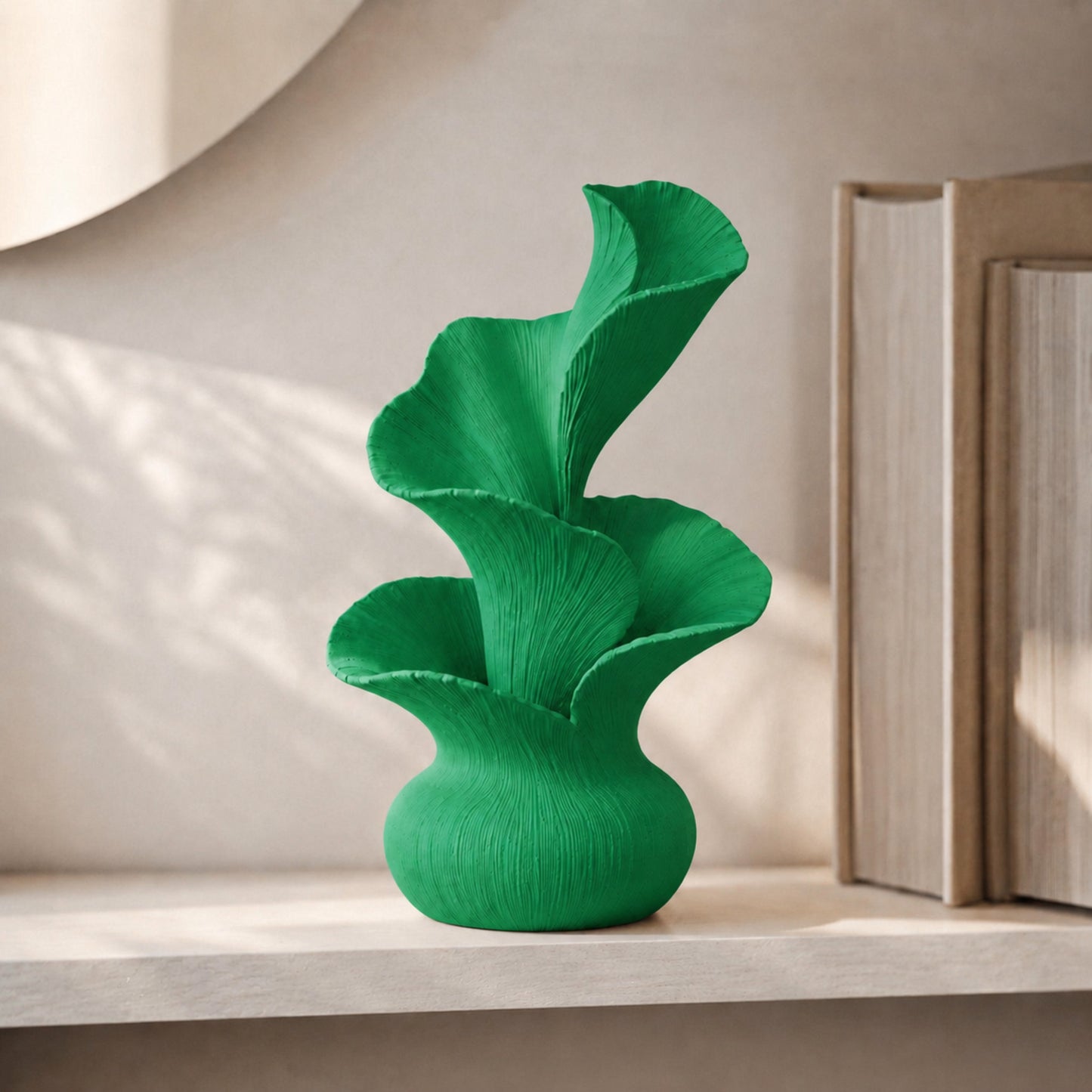 Escultura decorativa de pétalas curvas em movimento, na cor verde