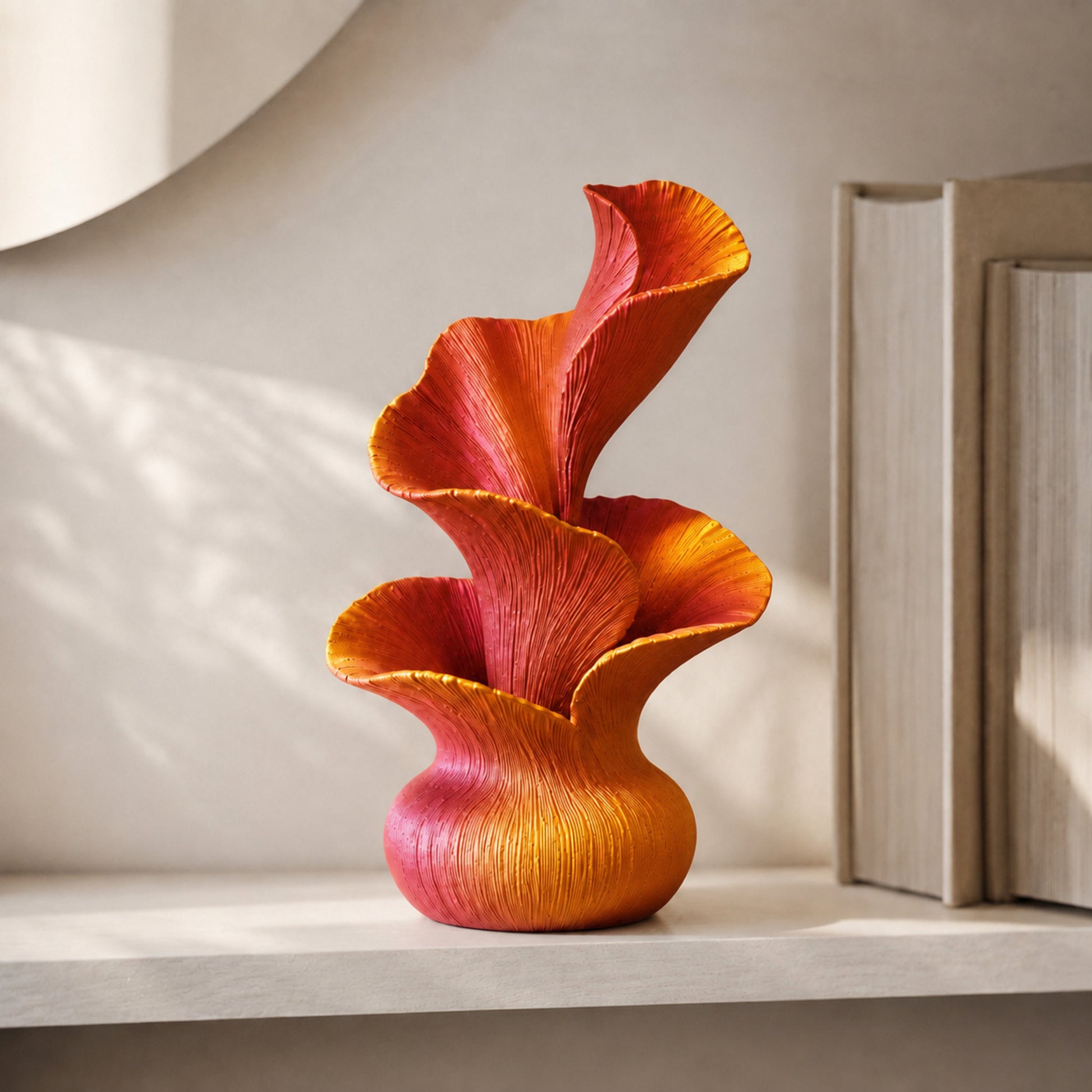 Escultura decorativa de pétalas curvas em movimento, na cor vermelha e dourada