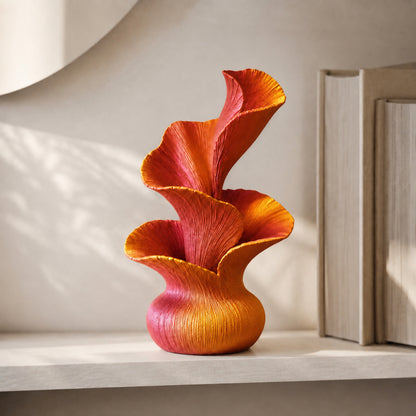 Escultura decorativa de pétalas curvas em movimento, na cor vermelha e dourada