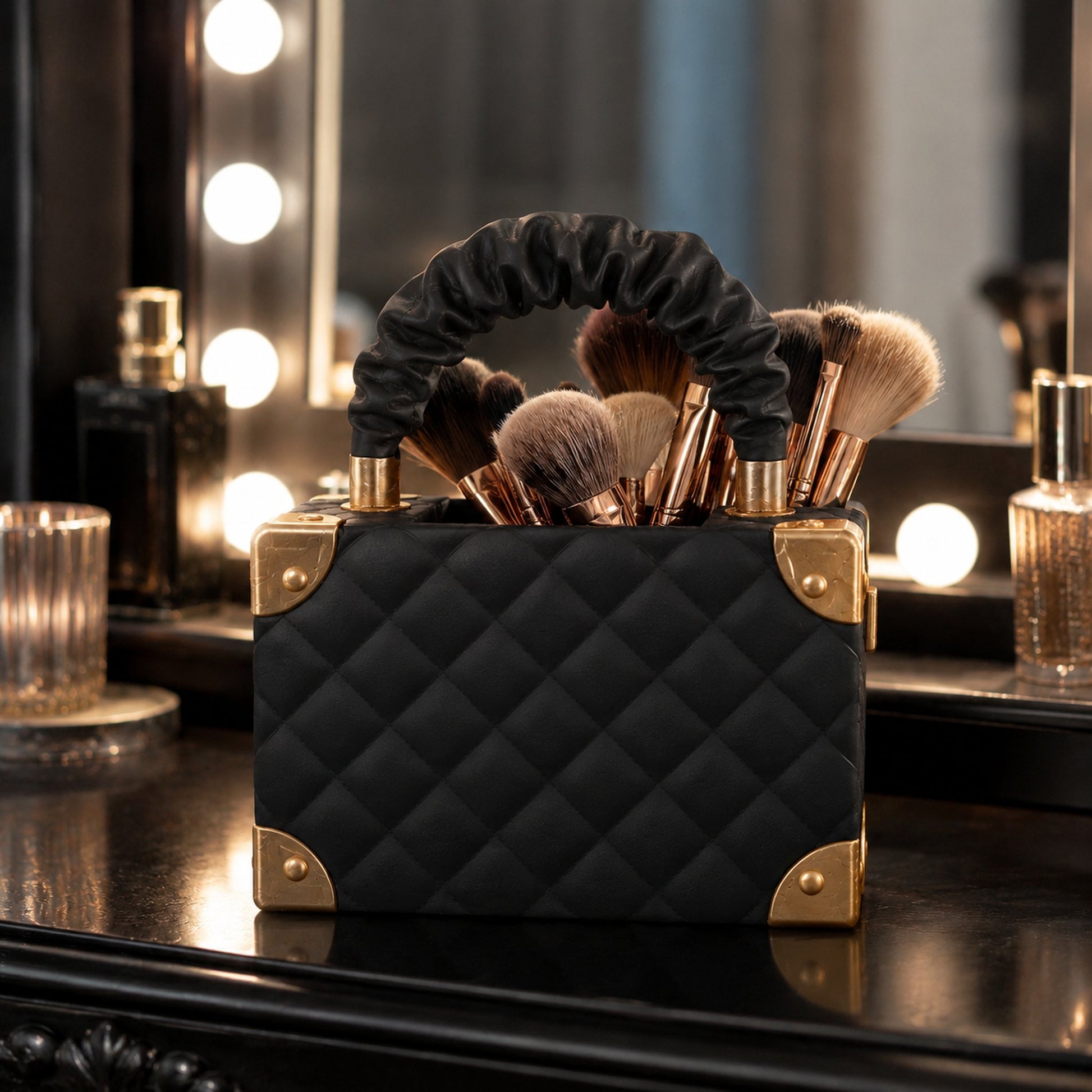 Vaso bolsa de luxo preto fosco com dourado em penteadeira iluminada