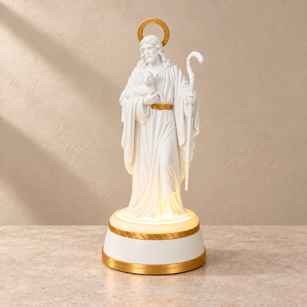 Bom Pastor Iluminado — Branco com detalhes dourados