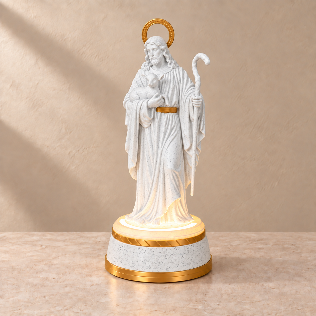 Bom Pastor Iluminado — Mármore com detalhes dourados