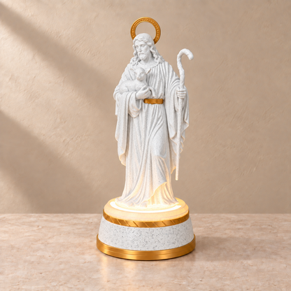Bom Pastor Iluminado — Mármore com detalhes dourados
