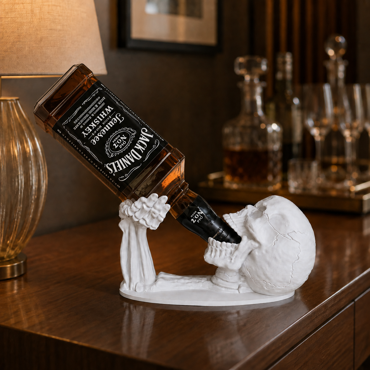 Calavera caveira porta-garrafas branca segurando garrafa de whisky sobre aparador de madeira, com luminária apagada