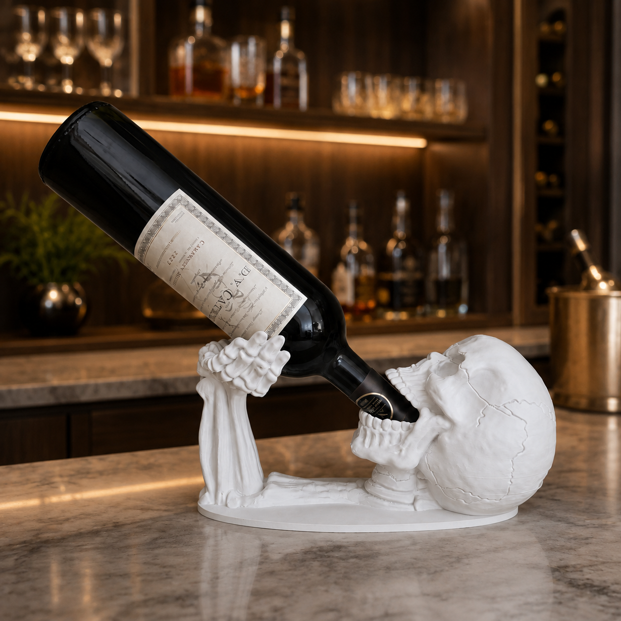 Calavera caveira porta-garrafas branca segurando garrafa de vinho sobre bancada 