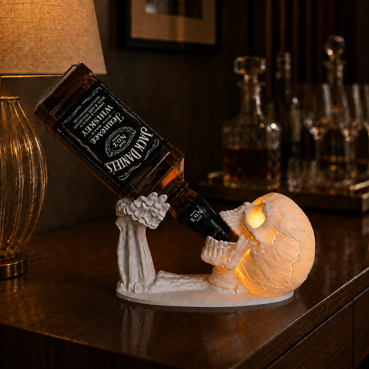 Calavera caveira porta-garrafas branca com luminária acesa, olhos e trincas iluminados, segurando garrafa de whisky sobre aparador de madeira