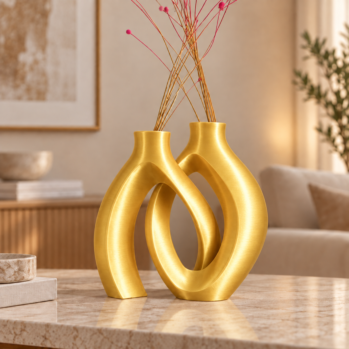 Conjunto Elos na cor Dourado, em ambiente moderno e aconchegante