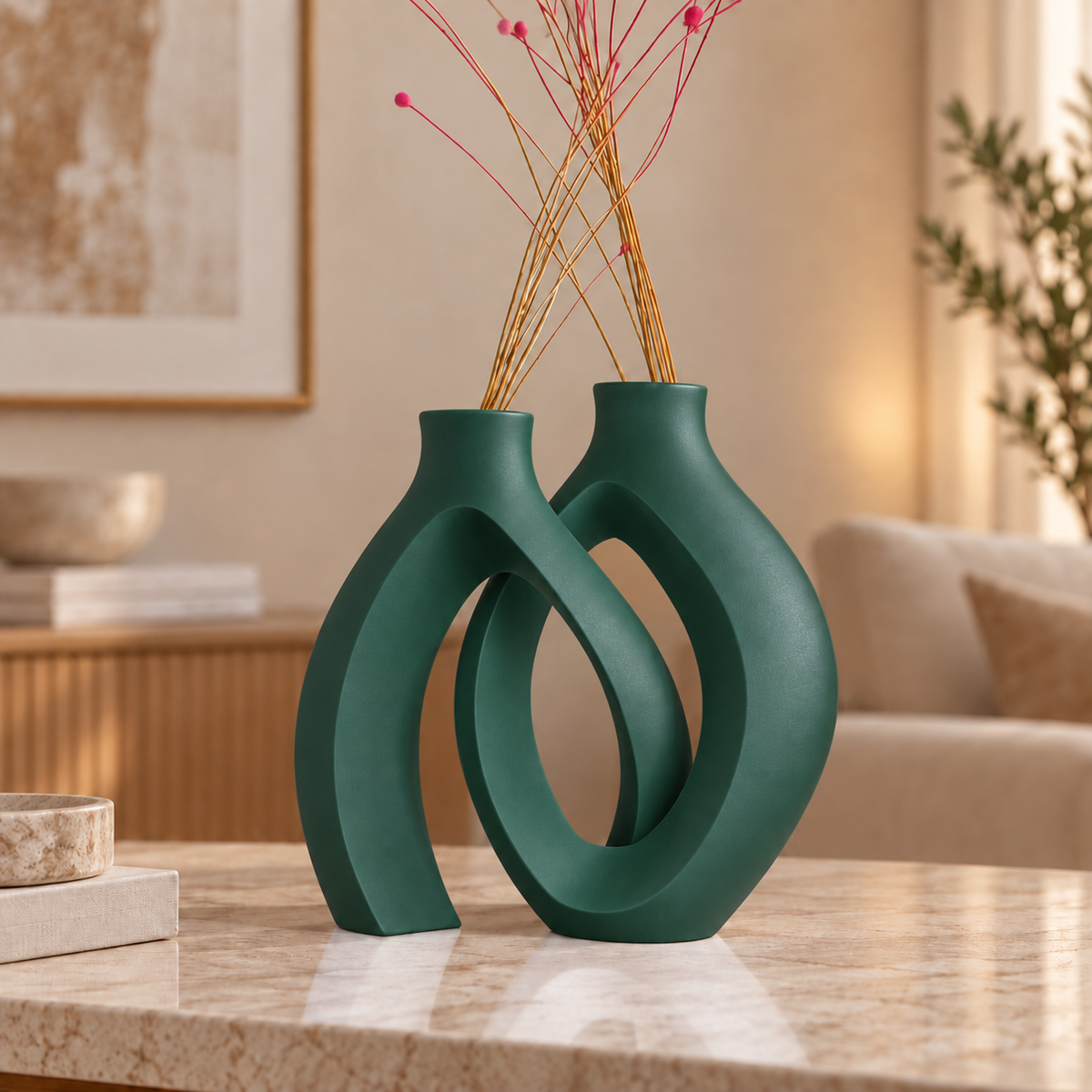 Conjunto Elos na cor Holly Green, em ambiente moderno e aconchegante