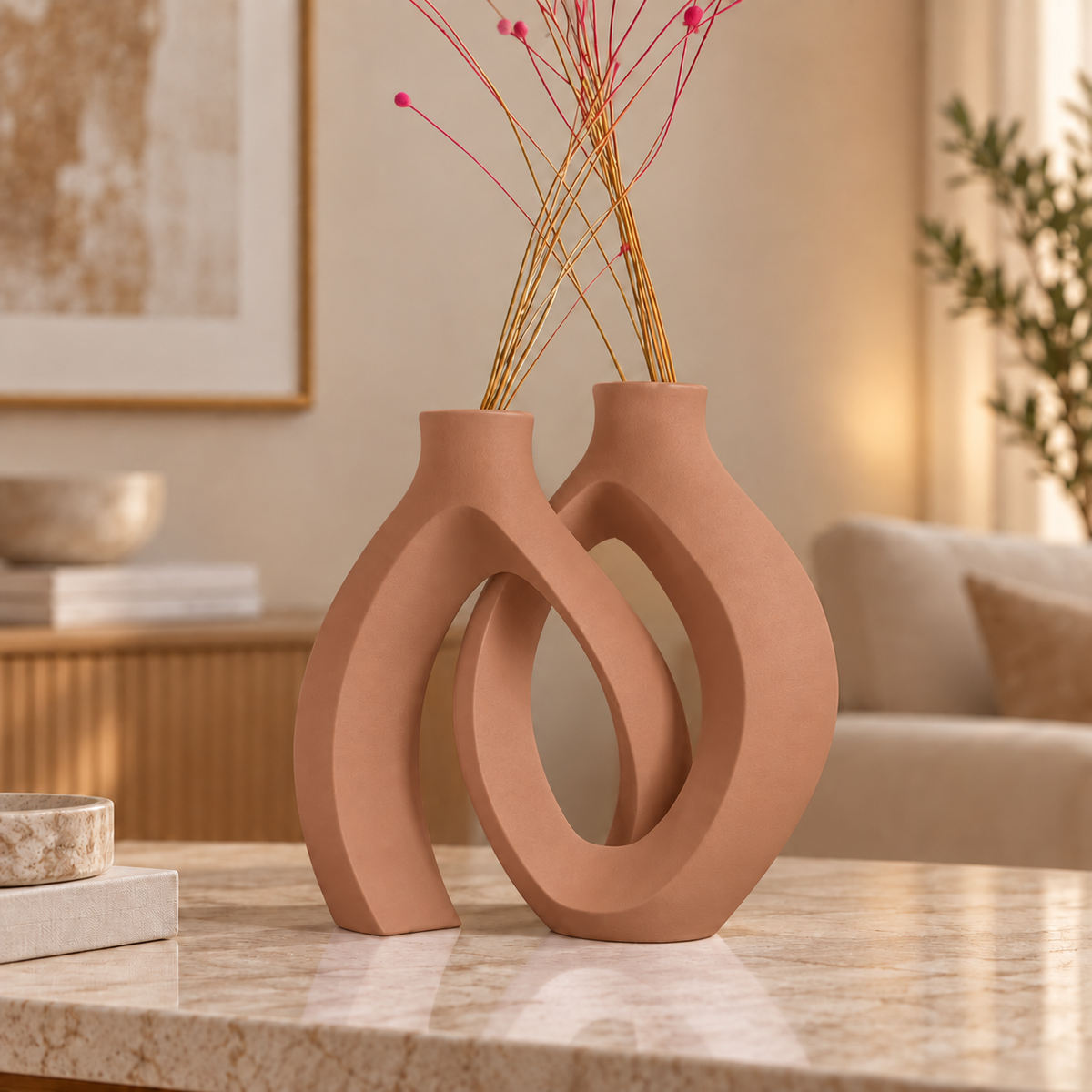 Conjunto Elos na cor Marrom Terracota, em ambiente moderno e aconchegante