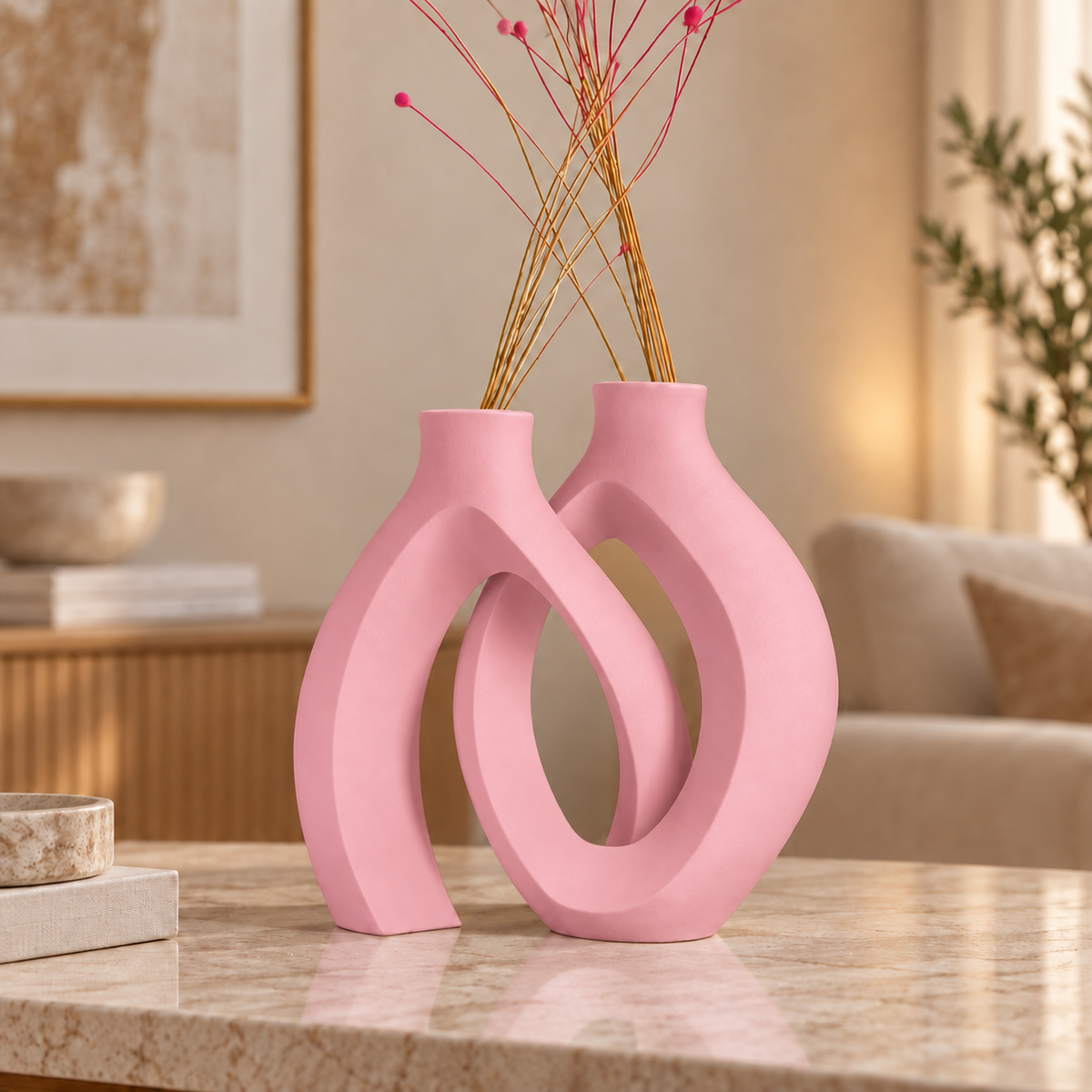 Conjunto Elos na cor Rosa, em ambiente moderno e aconchegante