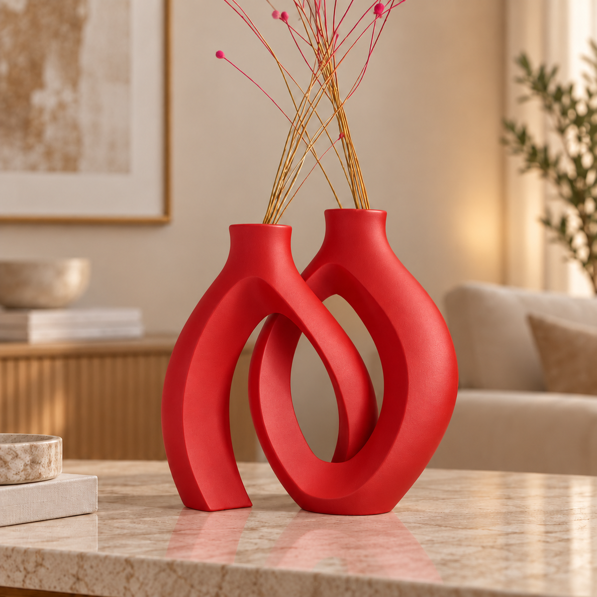 Conjunto Elos na cor Vermelho, em ambiente moderno e aconchegante