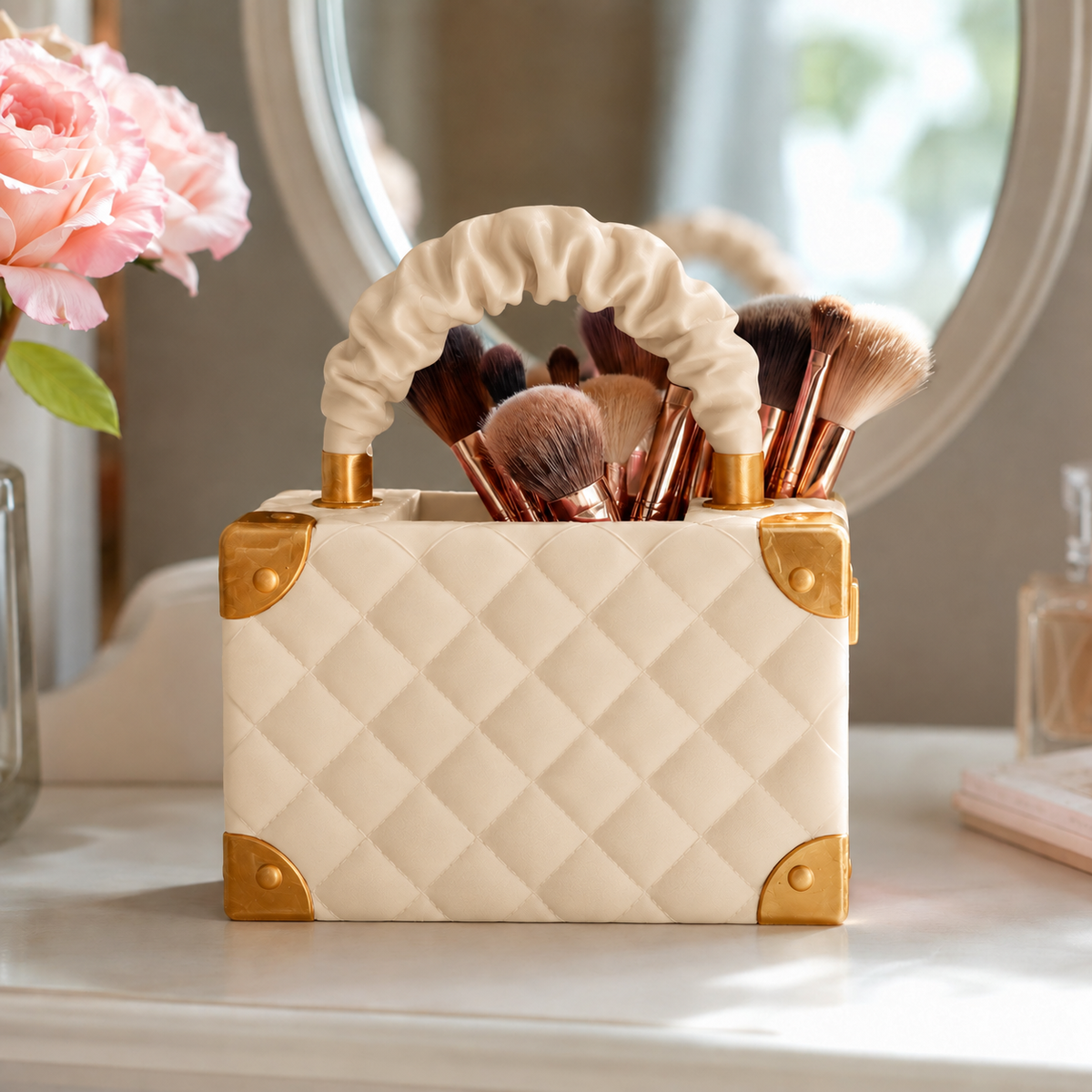 Vaso Bolsa Couture — Bege com detalhes dourados