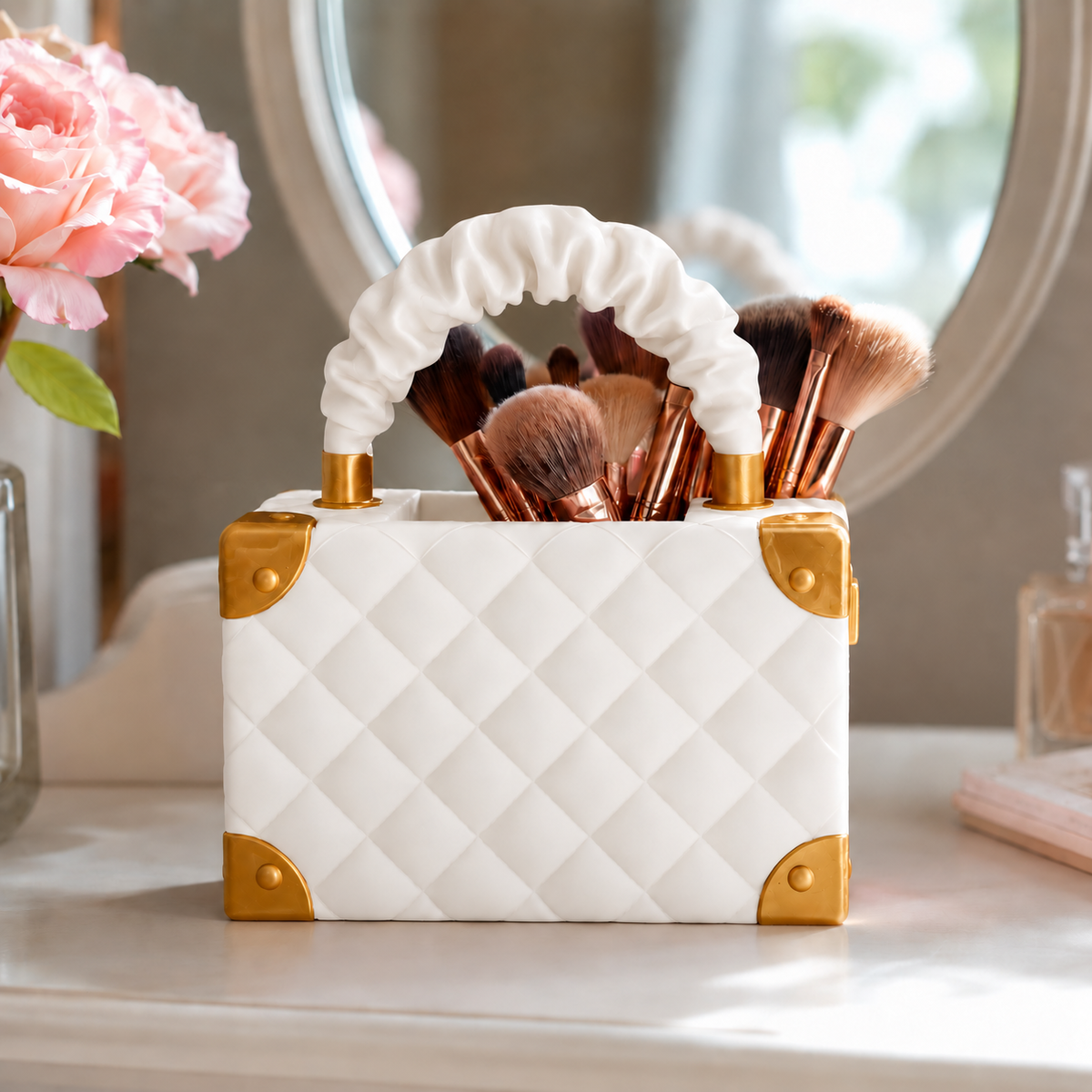 Vaso Bolsa Couture — Branco com detalhes dourados