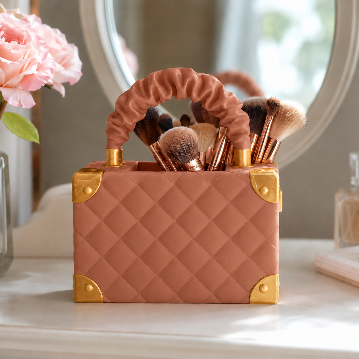 Vaso Bolsa Couture — Marrom Terracota com detalhes dourados