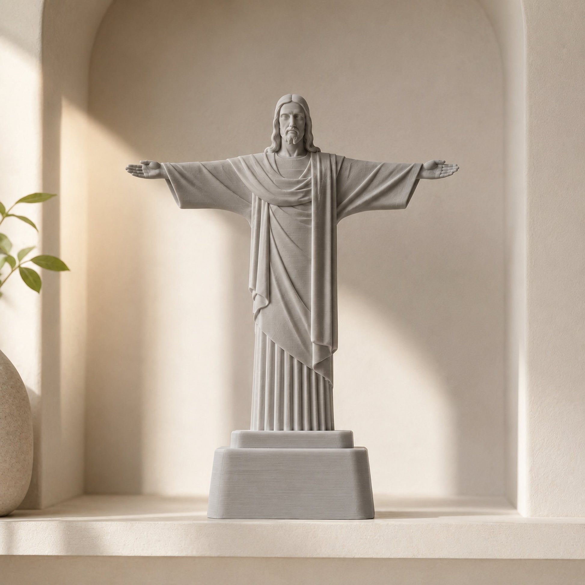 Escultura Cristo Redentor cinza concreto em nicho