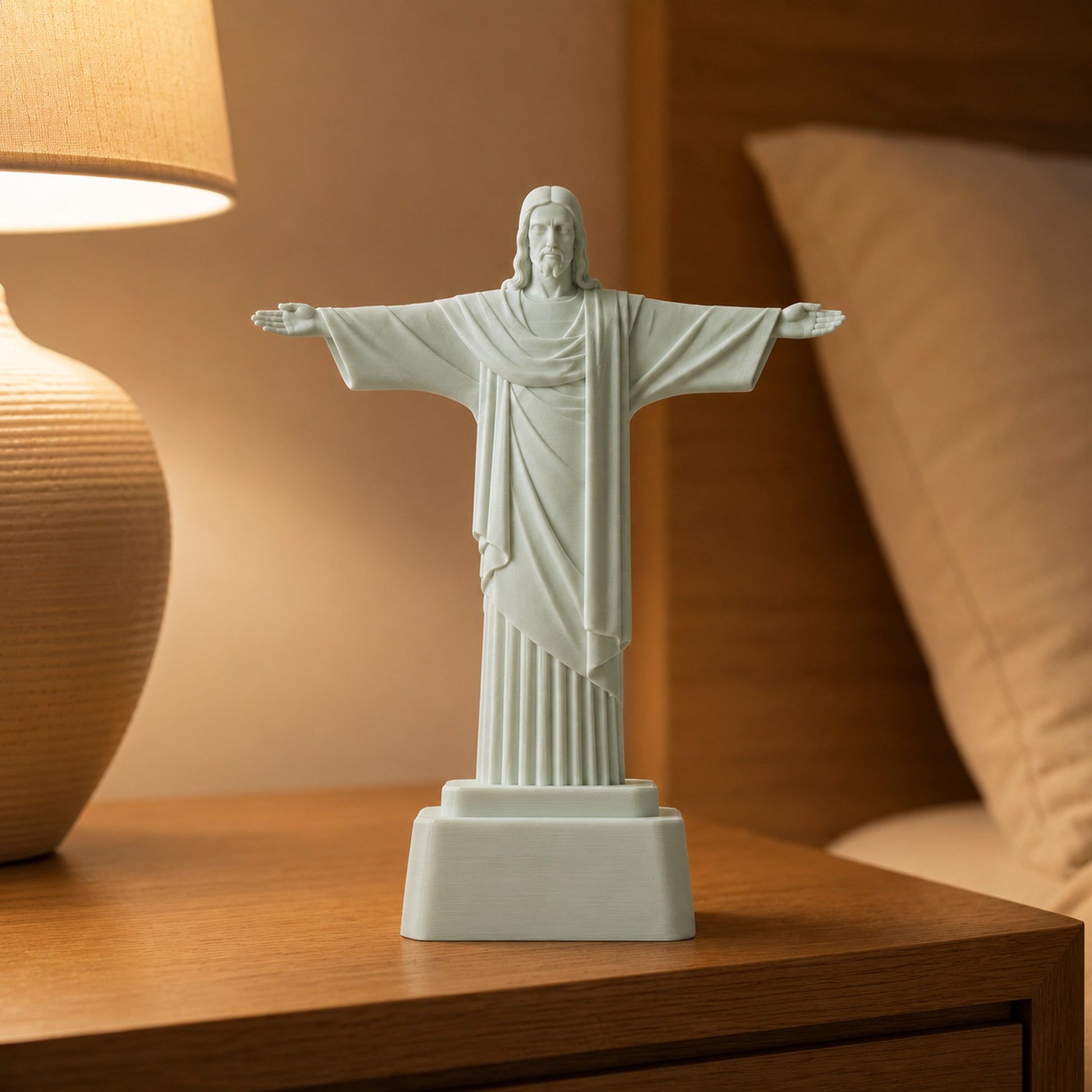 Escultura Cristo Redentor branco jade na cabeceira