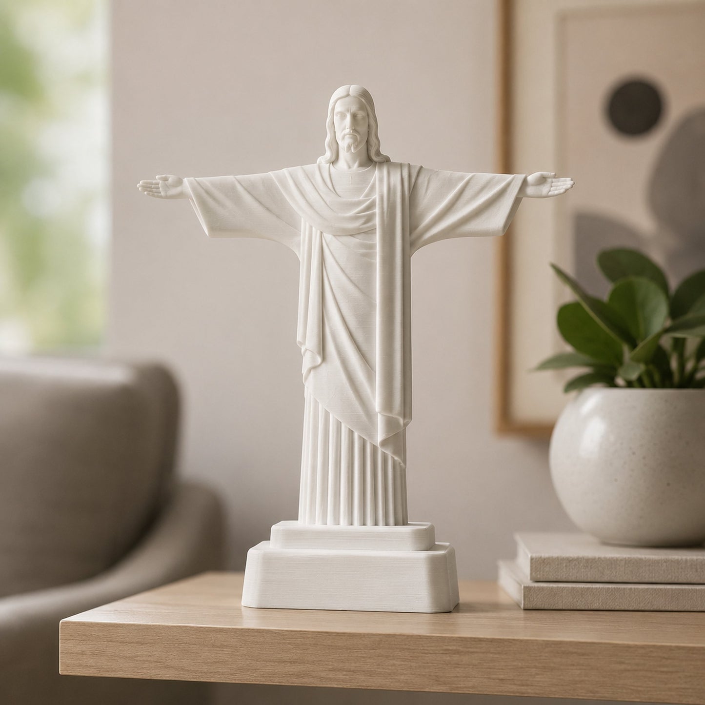 Escultura Cristo Redentor branco marfim na estante