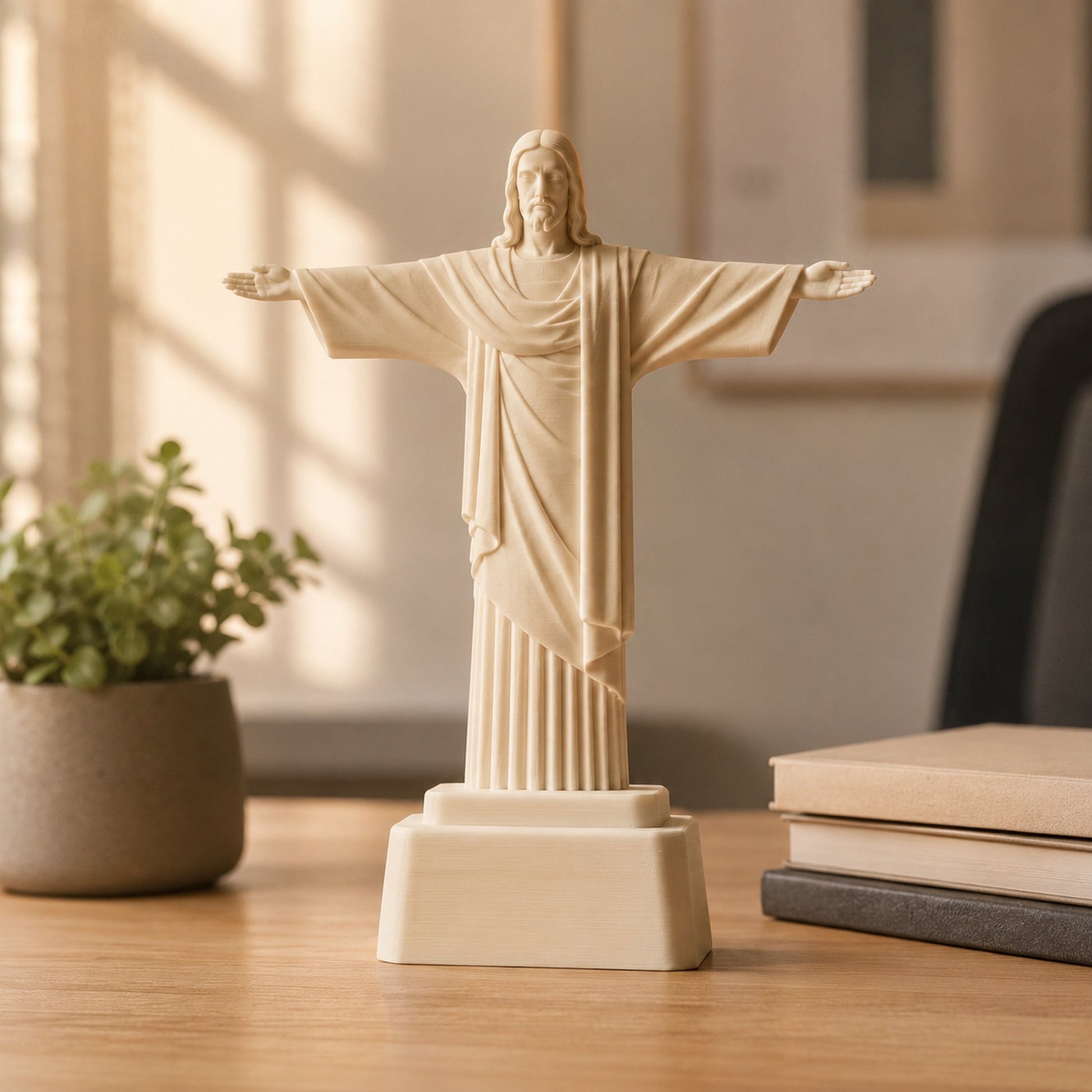 Escultura Cristo Redentor areia clara na mesa