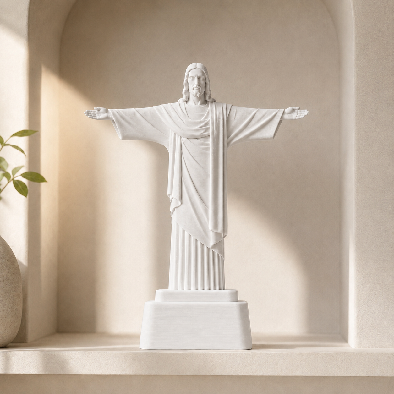 Escultura decorativa do Cristo Redentor de braços abertos, na cor branca